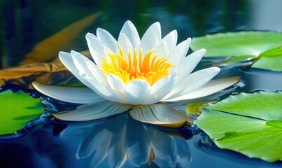 A serene and captivating close-up image of a white water lily in full bloom, floating gracefully on the surface of a tranquil pond