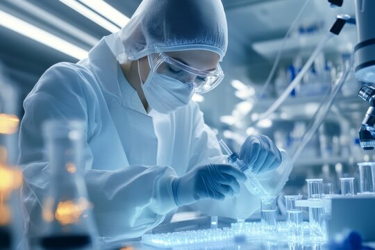 A medical researcher testing new pharmaceutical compounds in a sterile lab environment