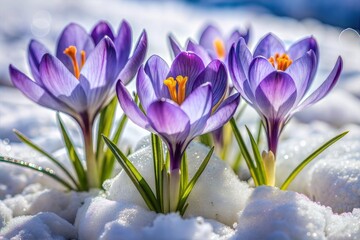 Naklejka premium Vibrant purple crocuses in snow close-up flower wallpaper concept
