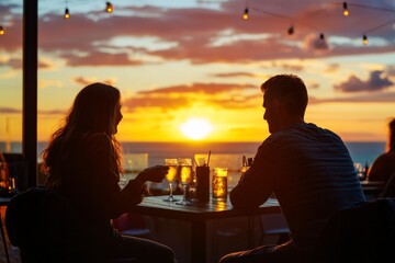 A couple enjoying cocktails at a rooftop bar with a sunset view