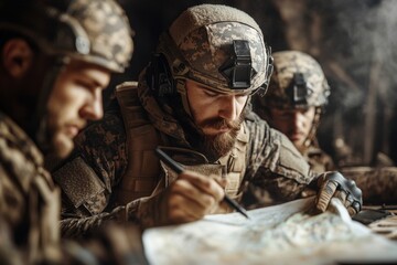Obraz premium A military squad strategizing a mission briefing, pointing at a map with serious expressions