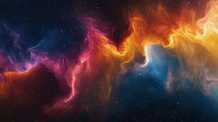 a mesmerizing abstract nebula with flowing clouds of vibrant blue, pink and orange hues in deep space with a dark blue background.
