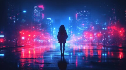 Woman stands alone in neon-lit city at night.