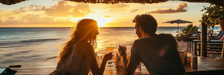 A couple sharing a cocktail at a beachside bar