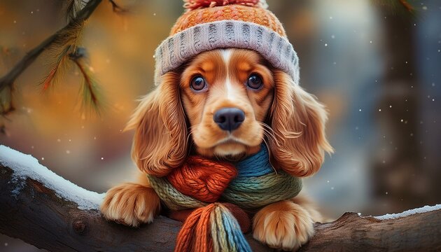 Niedlicher Cocker-Spaniel mit Strickm&uuml;tze und Schal