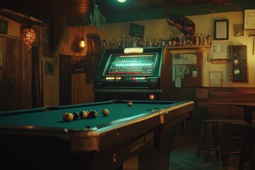 A dive bar with a jukebox, pool table, and a relaxed atmosphere