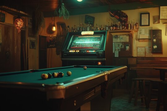 A dive bar with a jukebox, pool table, and a relaxed atmosphere