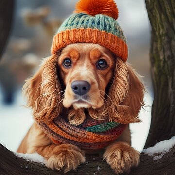 Niedlicher Cocker-Spaniel mit Strickm&uuml;tze und Schal