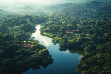 Aerial view of a winding river surrounded by dense tropical forest, with hidden villas featuring red-tiled roofs nestled among the greenery.