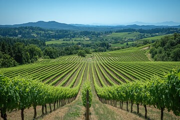 Expansive vineyard with neatly aligned grapevines stretching over rolling hills under a clear blue sky, surrounded by lush greenery.