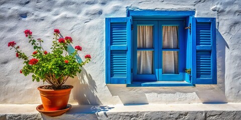 Greek Village House Detail: Long Exposure of Whitewashed Walls, Blue Shutters, and Potted Plant