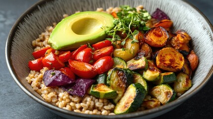 A colorful and nutritious vegetarian meal with quinoa, avocado, red peppers, zucchini, couscous.