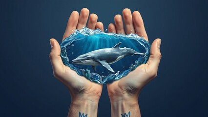 Man Holding a Blue Whale in His Palms, Symbolic and Heartwarming Concept for Marine Mammals Rescue Day