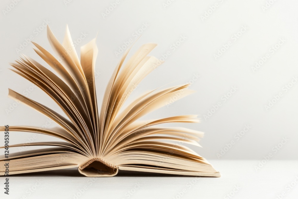 Poster a monochrome minimalist illustration of an open book with floating pages, representing education