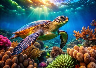 Fototapeta premium Green Sea Turtle Gracefully Swimming Amidst Vibrant Coral Reef - Underwater Wildlife Stock Photo