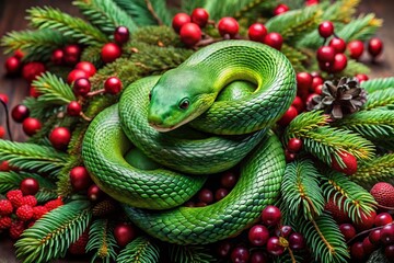 Fototapeta premium Green Snake Curled on Festive Christmas Wreath with Pine Cones & Berries - Drone Aerial View