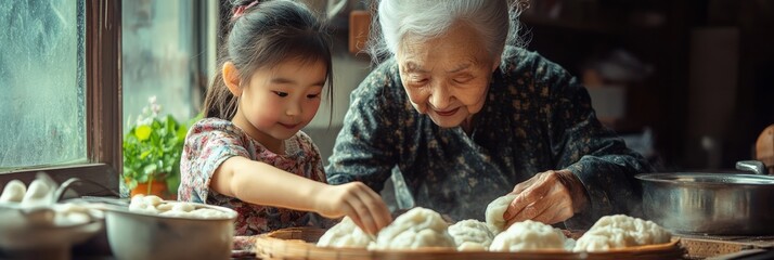 A grandmother teaching her granddaughter how to make traditional dumplings