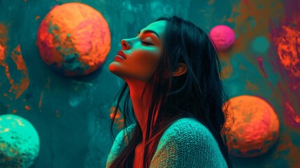 Naklejka premium A dreamer with their eyes shut, enveloped by abstract shapes and colors that symbolize creativity