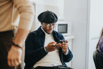 A young, stylish individual wearing glasses and a beret engrossed in using a smart phone, set in a...