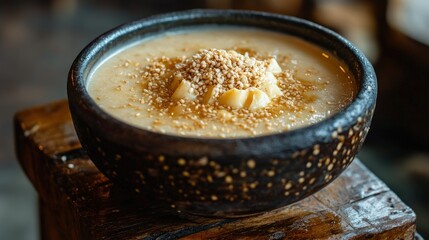 Creamy Dessert with Nuts and Seeds in Rustic Bowl on Wooden Table