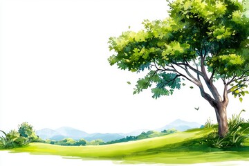 Watercolor Painting of a Tree on a Hillside