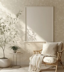 Cozy Living Room Corner with Empty Frame and Stylish Decor Elements