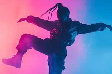 In jump. Beautiful girl dancing hip-hop in stylish clothes on colorful gradient background at dance hall in neon light.