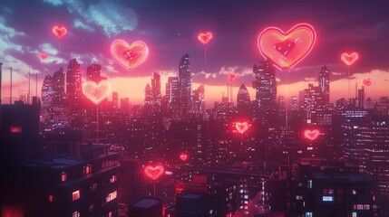 Obraz premium Neon heart shaped balloons floating in a cityscape, illuminated by colorful signs, retro futuristic vibe
