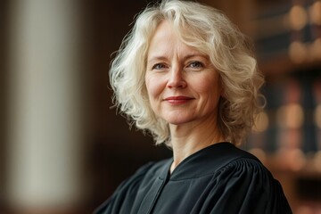Fototapeta premium Mature successful blond judge wearing black mantle looking at camera with smile.