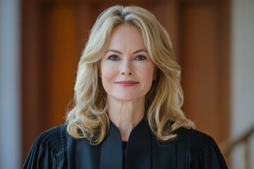 Fototapeta premium Mature successful blond judge wearing black mantle looking at camera with smile.