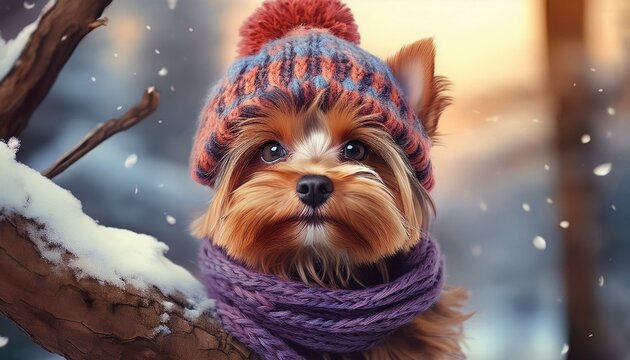 iedlicher Yorkshire-Terrier mit Strickm&uuml;tze und Schal