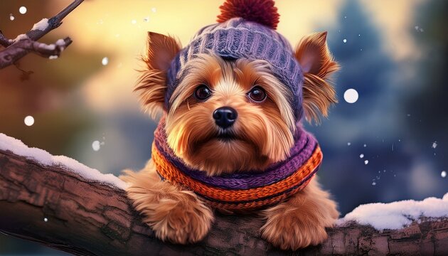 iedlicher Yorkshire-Terrier mit Strickm&uuml;tze und Schal