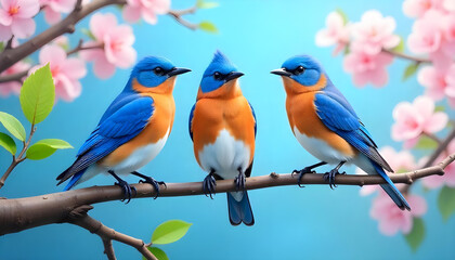 Three Beautiful Bluebirds Perched on a Leafy Branch – Vibrant Blue Feathers, Orange and Yellow Accents, Lush Green Leaves, and a Stunning Pink and Blue Sky Creating a Picturesque Scene