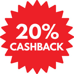 20% cashback icon . Red 20% cashback label icon for promotions . Vector illustration