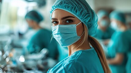 Portrait Of A Confident Female Surgeon In Teal Scrubs And Mask In Operating Room