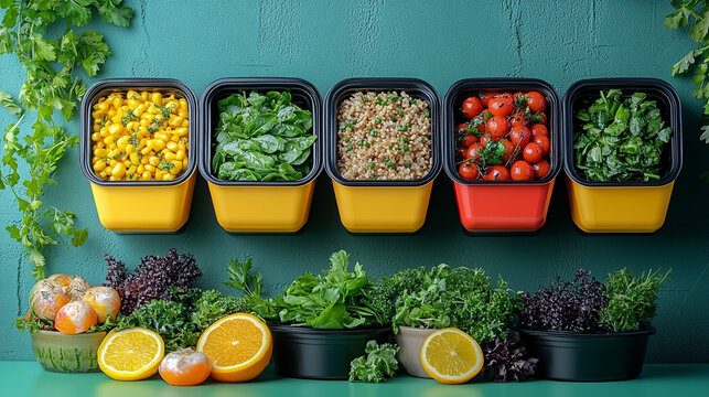 Colorful display of fresh ingredients in vibrant containers for a healthy cooking experience
