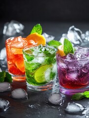 Three mixed drinks with ice and garnished, ready to serve.