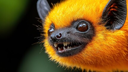 Fototapeta premium Close-up of an orange bat's head in a jungle setting