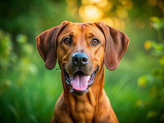 Happy Rhodesian Ridgeback Dog Close-Up Portrait, Green Nature Background