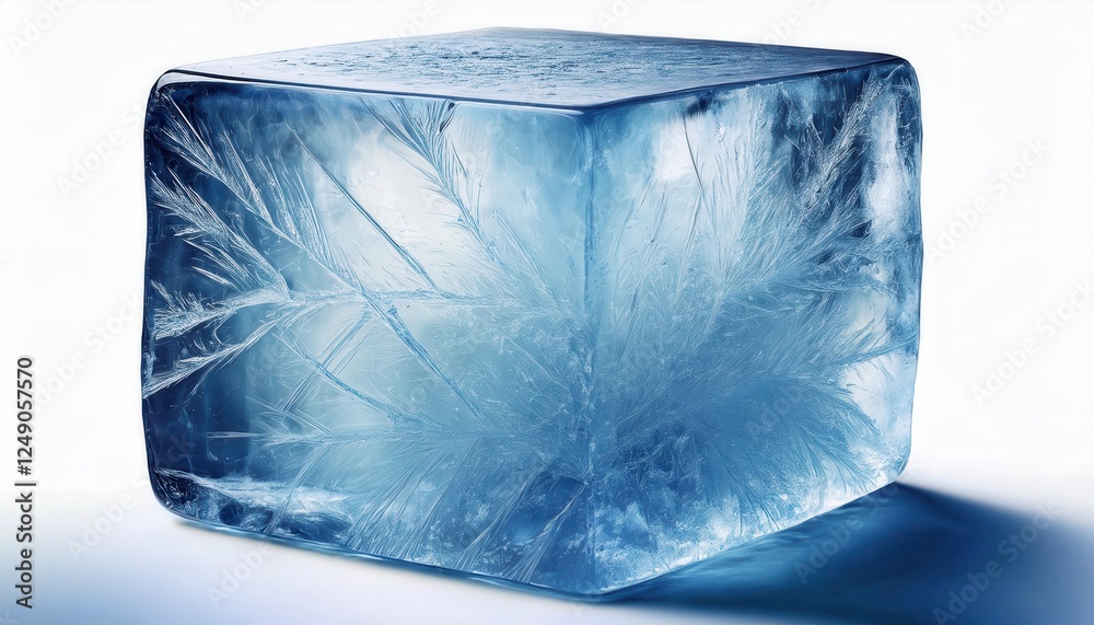 Poster crystal-clear ice block with frozen patterns for design, advertising, or beverage promotions showcas