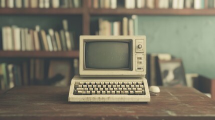Vintage computer on desk, library background, retro tech