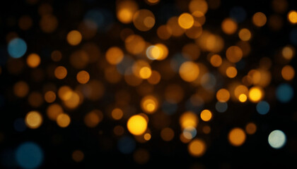 Obraz premium Un fondo oscuro lleno de orbes brillantes dispersos en varios colores, incluidos dorado, naranja y azul, que crean un efecto bokeh