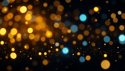 Un fondo oscuro lleno de orbes brillantes dispersos en varios colores, incluidos dorado, naranja y azul, que crean un efecto bokeh