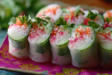 Appetizing vegetarian spring rolls with fresh cucumbers, carrots, herbs and seaweed wraps.