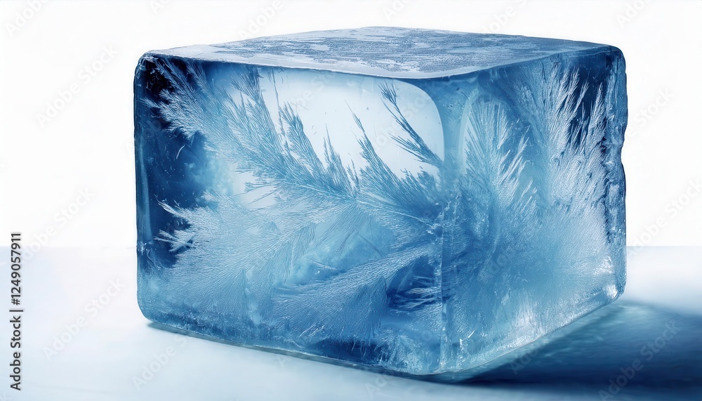 Poster crystal-clear ice block with frozen patterns for design, advertising, or beverage promotions showcas