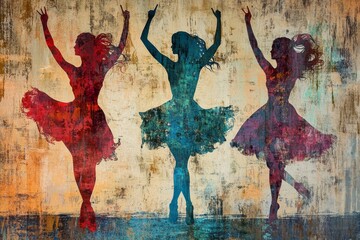 Fototapeta premium Silhouette Of Three Dancers In Vibrant Colors Against A Textured Background, Embodying Joy And Movement In A Stylish Artistic Composition.