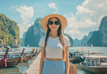 Fototapeta premium beautiful young woman wearing sunglasses, a white t-shirt, and blue striped pants stands on the boat dock with many boats behind her