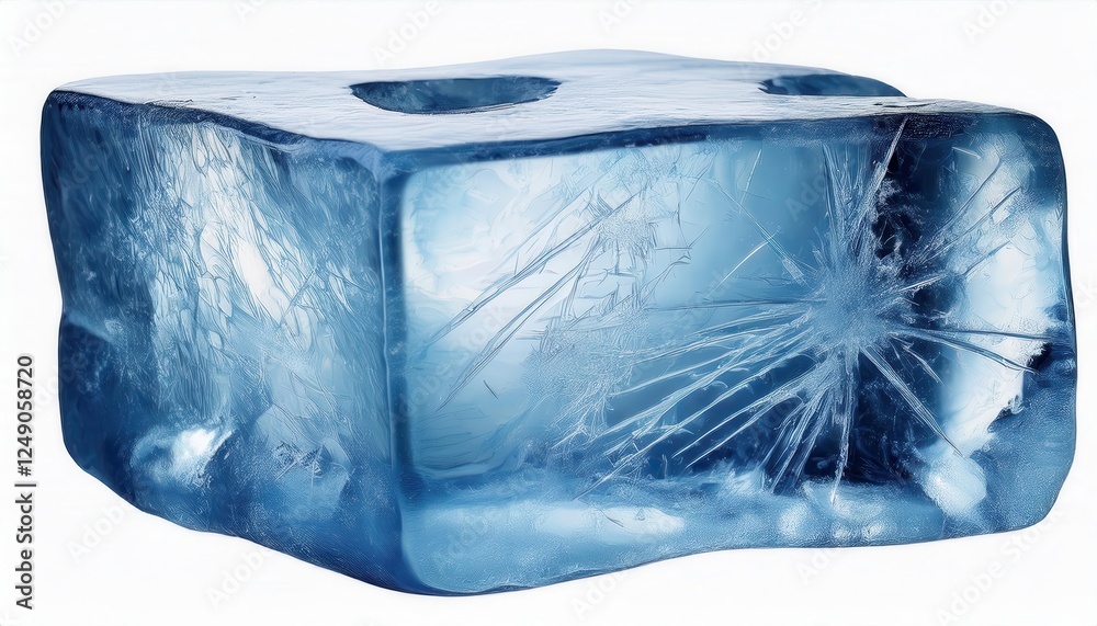 Poster crystal-clear ice block with frozen patterns for design, advertising, or beverage promotions showcas