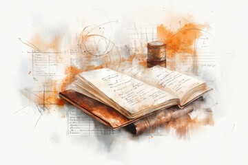 A soft watercolor painting of an old journal with beautifully handwritten topic headings and annotations