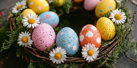 Fototapeta premium A delightful assortment of multicolored eggs and daisies in a woven basket, representing the festive spirit of Easter celebrations.